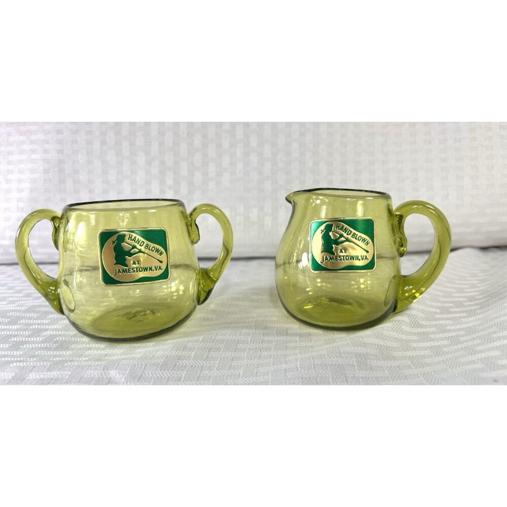 Vintage Jamestown Sugar & Creamer‎ - Handblown Green Glass